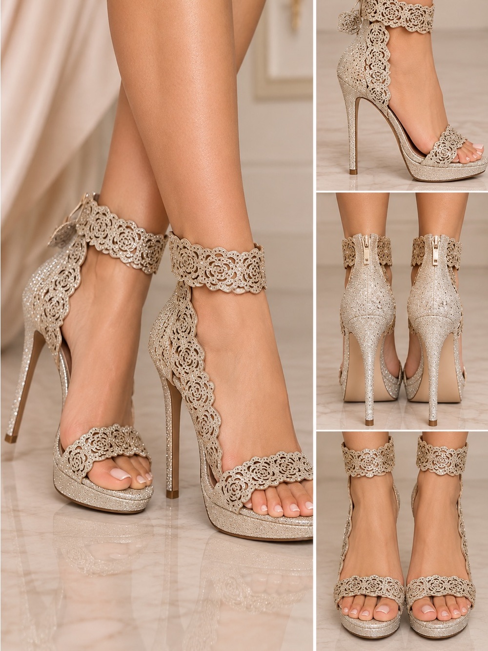 Red Delicious Gold Rhinestone Floral Ankle Strap Heels Size 8.5